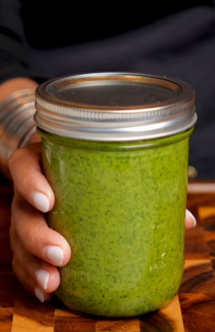 A person holding a jar of green smoothie.